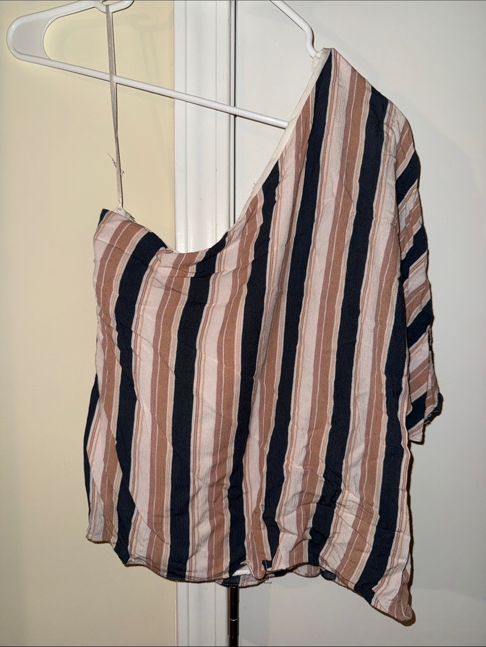 Striped One-Shoulder Women’s Top in Navy and Tan - Picture 3 of 3
